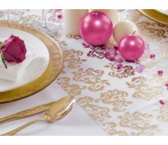Vzorovaná organza bílá se zlatými/stříbrnými květy