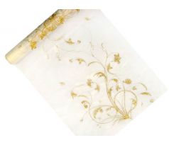 Vzorovaná organza bílá se zlatými květy