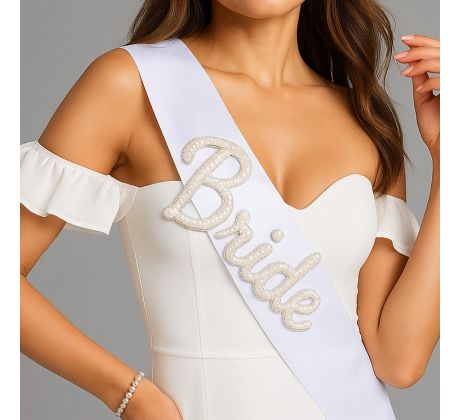 Šerpa pro nevěstu s perličkovým nápisem Bride