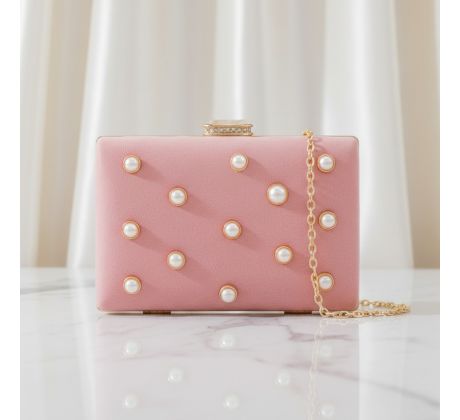 Společenská kabelka clutch s perličkami růžová