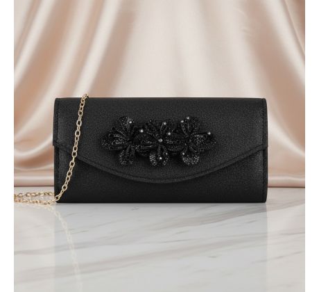 Společenská kabelka saténová s květinami černá