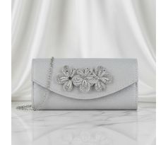 Společenská kabelka saténová s květinami stříbrná