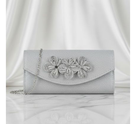 Společenská kabelka saténová s květinami stříbrná