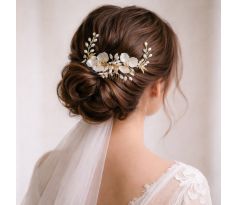 Hřebínek do vlasů s perličkami a květinami zlatý